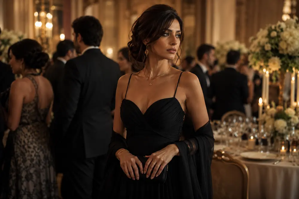 Woman wearing elegant black to a wedding reception