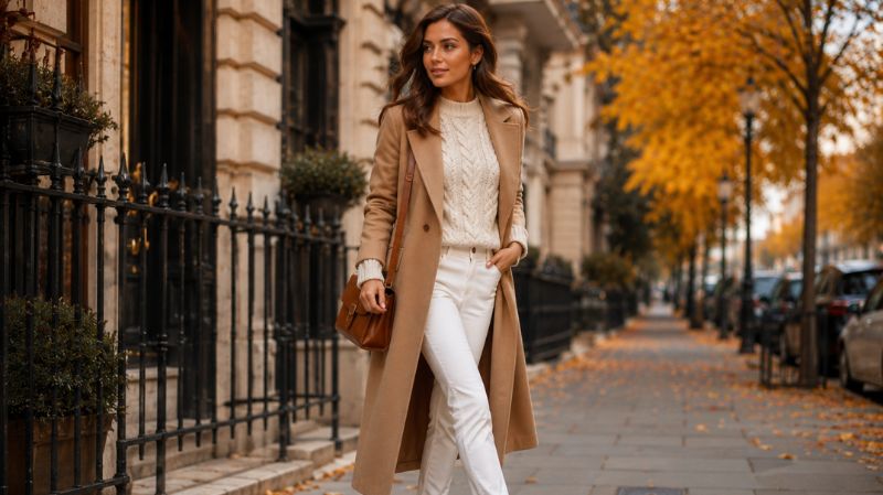 White jeans styled with fall outfit and boots