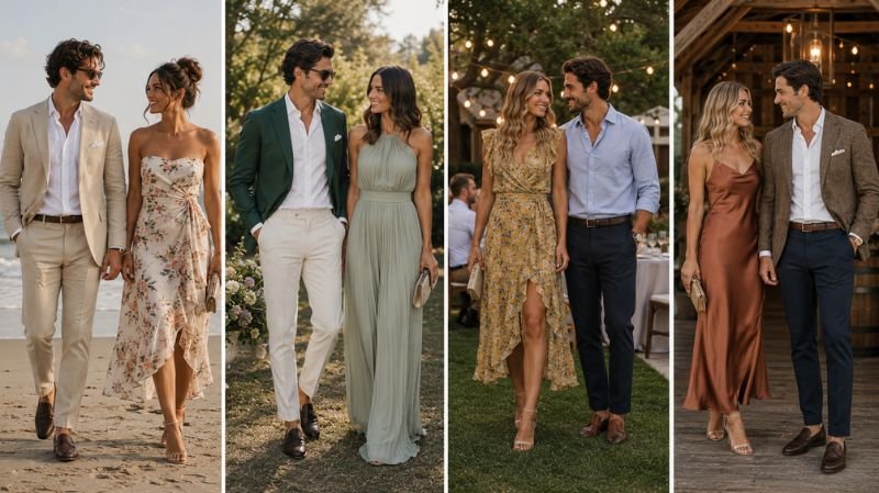 Casual wedding outfit inspiration for beach garden barn and backyard weddings