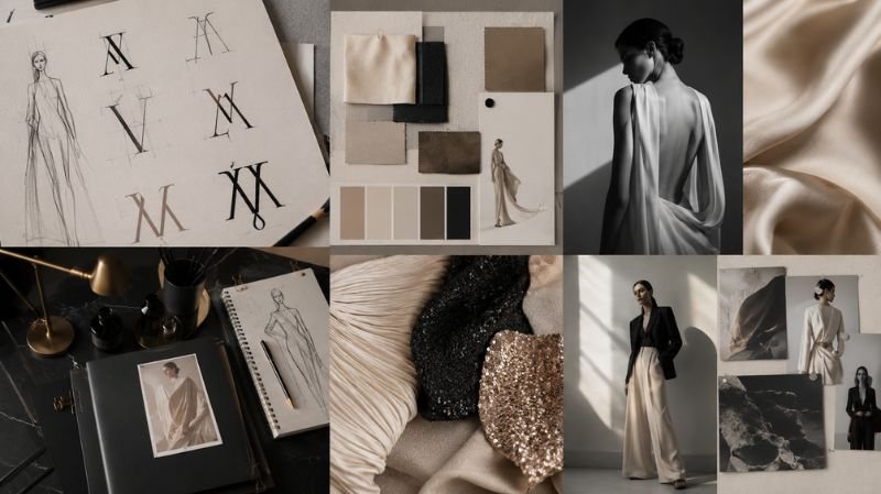 Fashion branding mood board featuring logo concepts, color palettes, typography, and photography styles