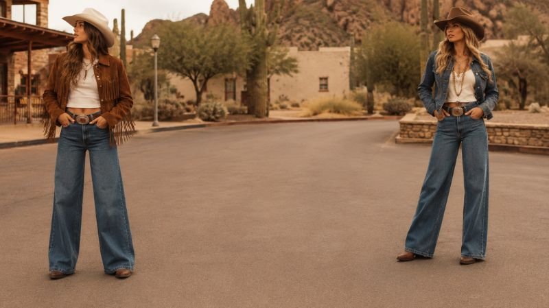10 Best Shoes to Wear with Wide Leg Jeans Cowboy boots styled with wide leg jeans western fashion outfit