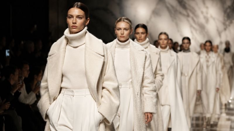 Fashion runway models wearing white winter outfits