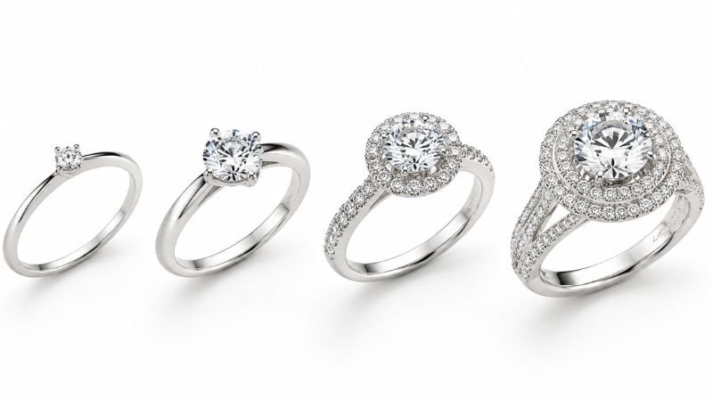 Engagement rings displayed in different price categories