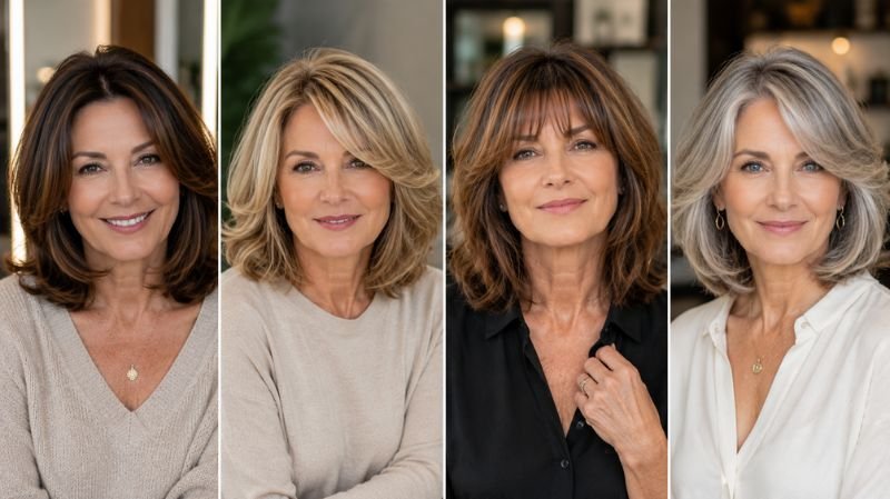 Different face shapes and medium length hairstyles for women over 50