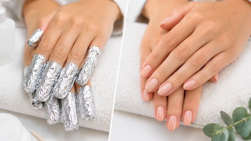 Comparison of nails wrapped in foil for gel removal versus natural nails