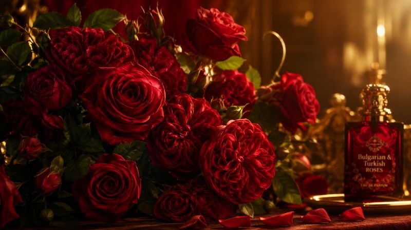 deep red Bulgarian Turkish roses luxury floral fragrance concept