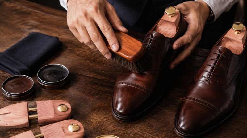 Cleaning leather shoes before polishing