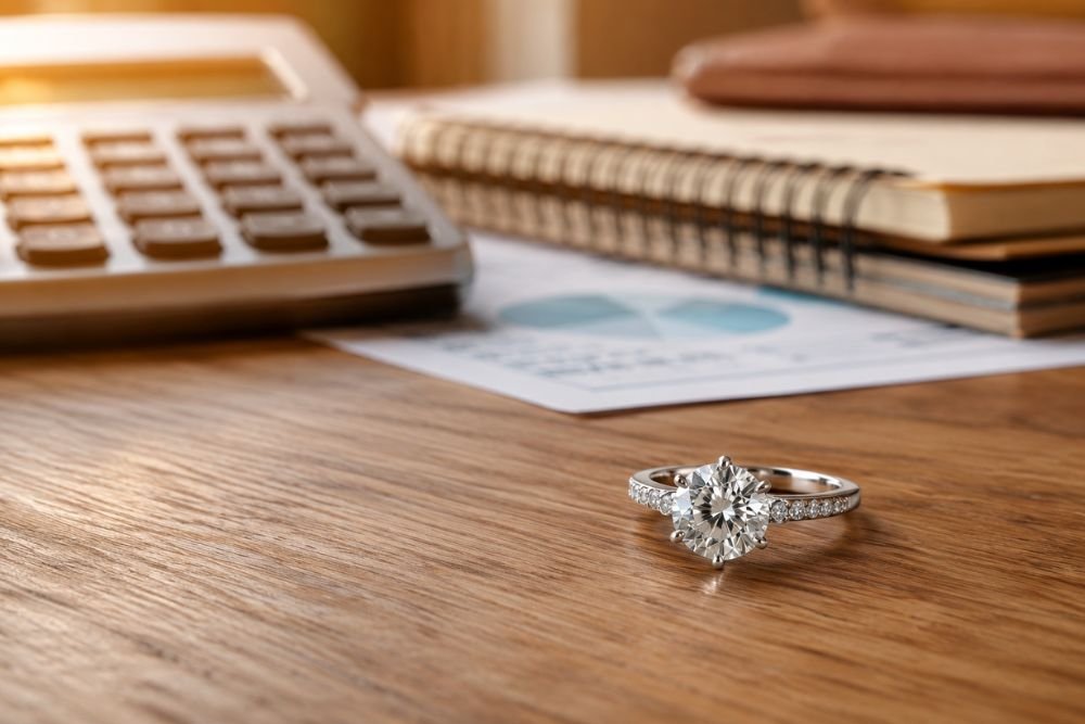 Engagement ring placed on a soft surface with financial planning elements nearby