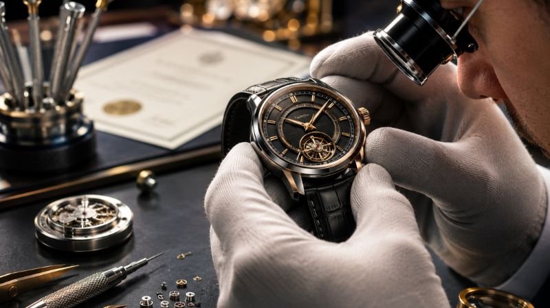 Watch inspection process with magnifier and documents