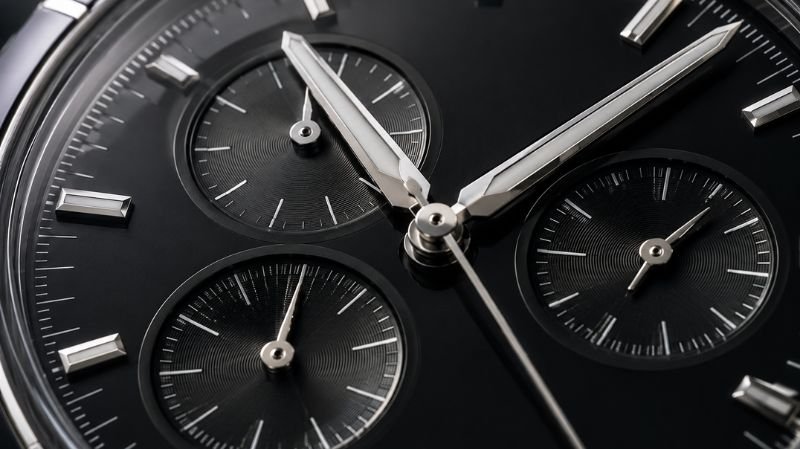 Close-up of chronograph subdials showing elapsed time measurement