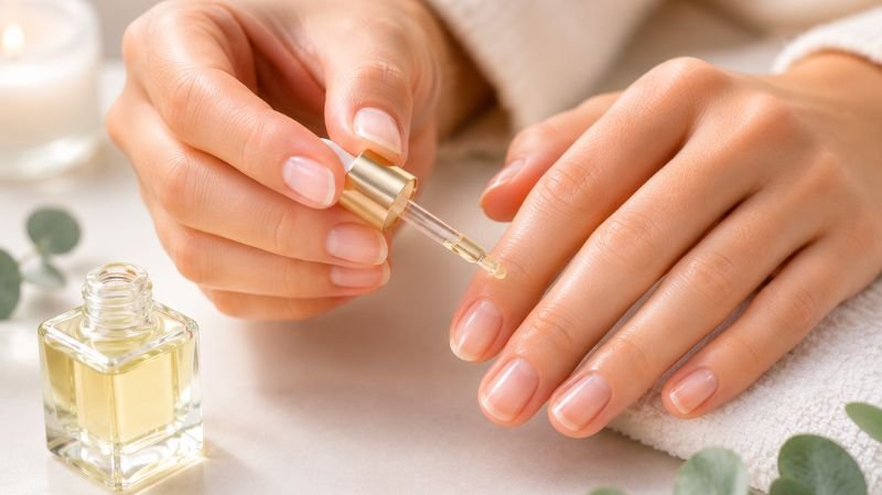Applying cuticle oil to freshly cleaned nails after gel polish removal