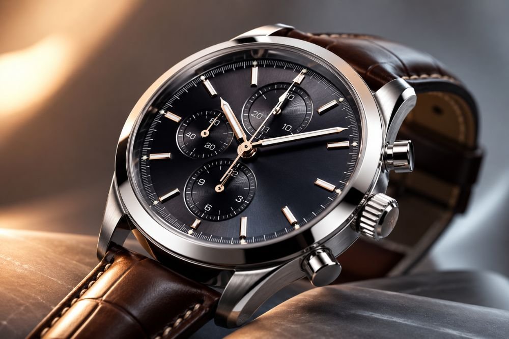 Set Chronograph watch Functions showing subdials and pushers on a luxury wristwatch