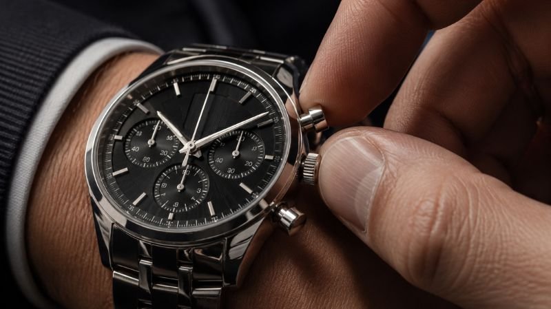 Hand operating chronograph watch pushers and crown