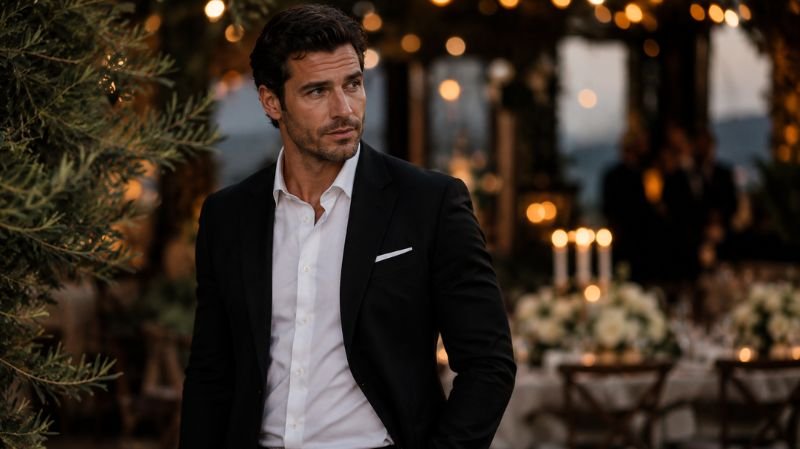 Man wearing black suit at formal wedding ceremony