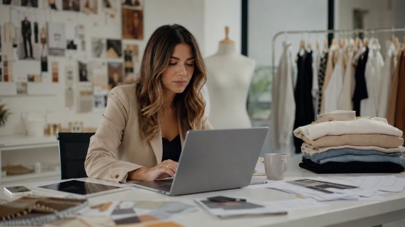 Fashion business owner reviewing marketing analytics and sales performance