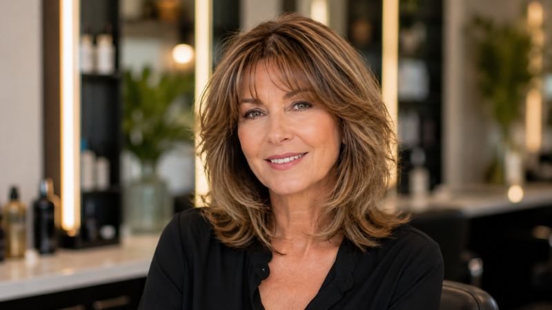 Layered shoulder length haircut for women over 50 adding volume and movement