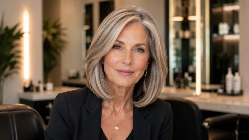 Long bob hairstyle for women over 50 with smooth polished finish