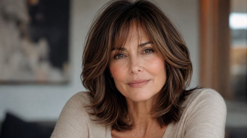 Curtain bangs with medium length layered hairstyle for women over 50