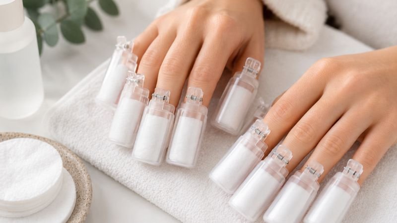 Plastic nail removal clips holding acetone cotton pads on fingernails