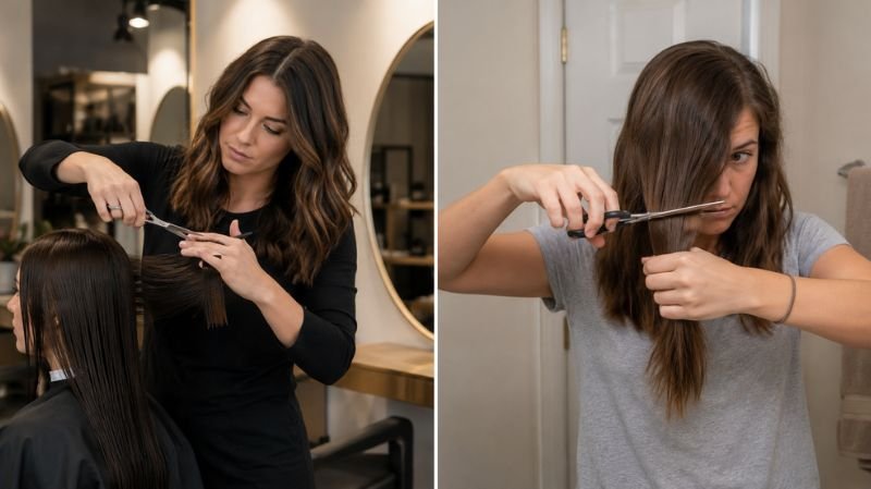 Professional salon haircut versus DIY hair trimming comparison
