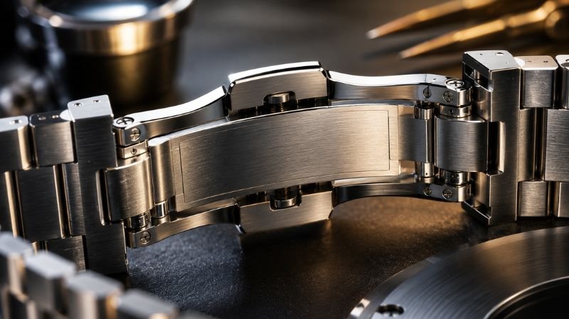 Close-up of watch clasp interior showing engraved production code area