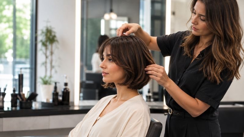 Woman with short bob haircut in salon styling chair