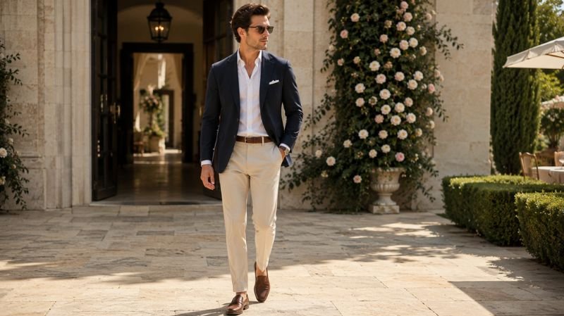 Casual wedding outfit with blazer and chinos