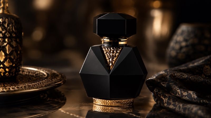 Al Noor Arabiyat Prestige Smell like: Honest Scent Breakdown Ultra-detailed close-up product photography of a matte black geometric perfume bottle with gold accents, luxury Middle Eastern aesthetic, soft studio lighting, reflective surface, shallow depth of field, premium commercial fragrance shoot style, 16:9 horizontal, no text
