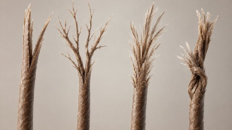 Different types of hair split ends including basic, tree, feather, knot