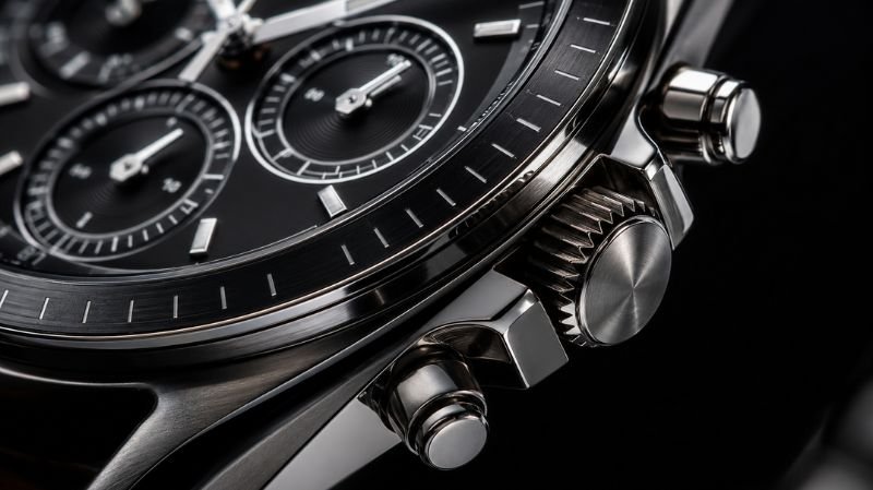Chronograph watch showing crown, pushers, and subdials in close-up