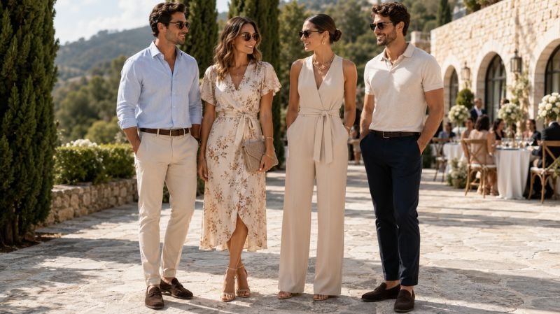 Examples of casual wedding attire for men and women