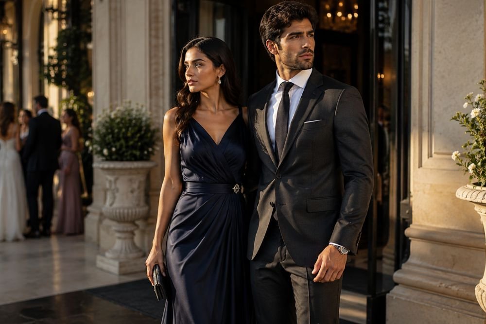 Formal wedding attire for wedding guests featuring elegant gown and tailored suit