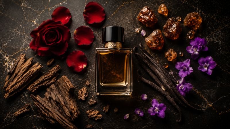 rose petals oud wood amber vanilla fragrance composition artistic setup