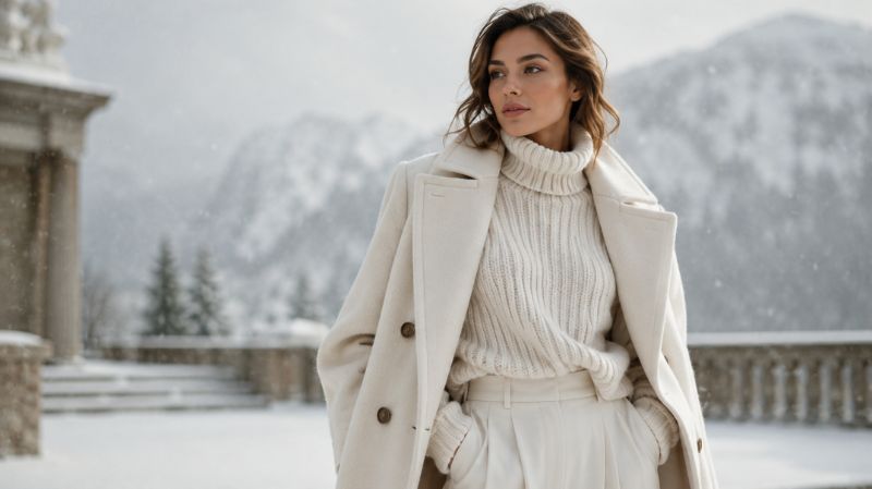 Winter white fashion outfit in cream and ivory tones