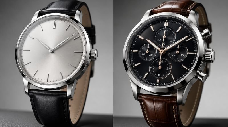 Side-by-side comparison of a standard watch and a chronograph watch