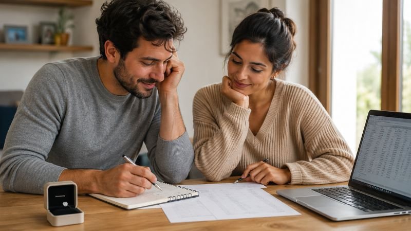Couple reviewing finances and planning engagement ring budget