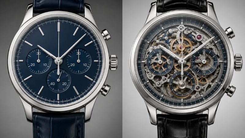 Quartz and mechanical chronograph watches shown side by side