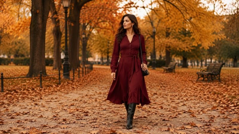 What Color Shoes to Wear with a Red Dress for Any Occasion? Burgundy dress styled with black knee-high boots during autumn