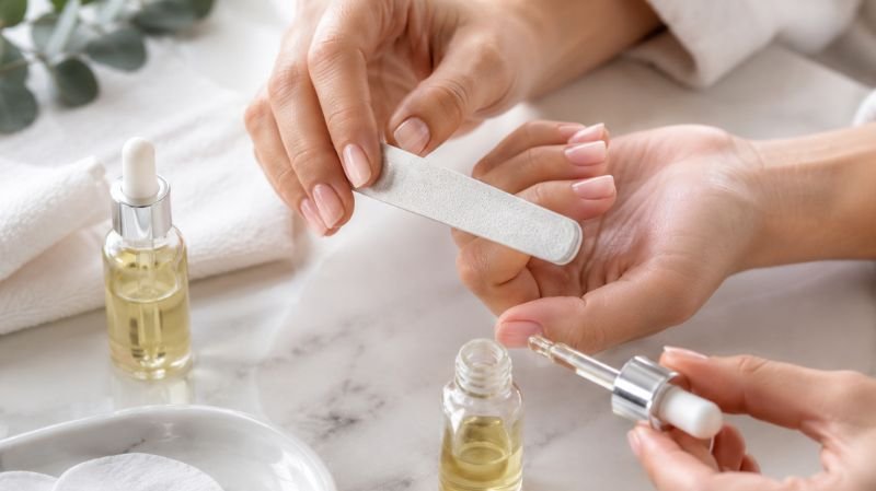 Hands preparing nails by gently buffing and cleaning before gel polish removal