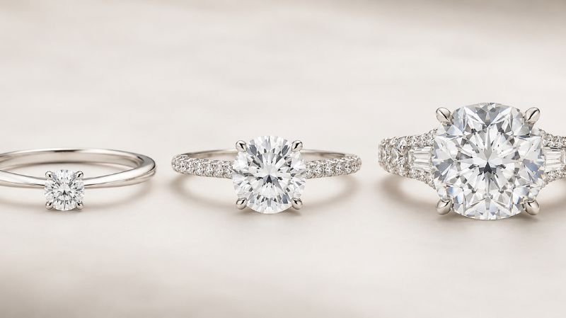 Different engagement rings showing a range of prices and styles