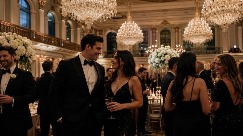 Guests in black formalwear at black-tie wedding reception