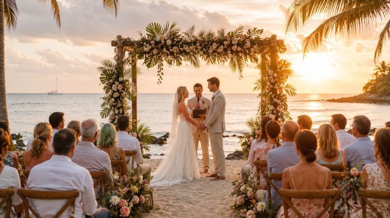 Beach wedding guests wearing light summer outfits instead of black clothing