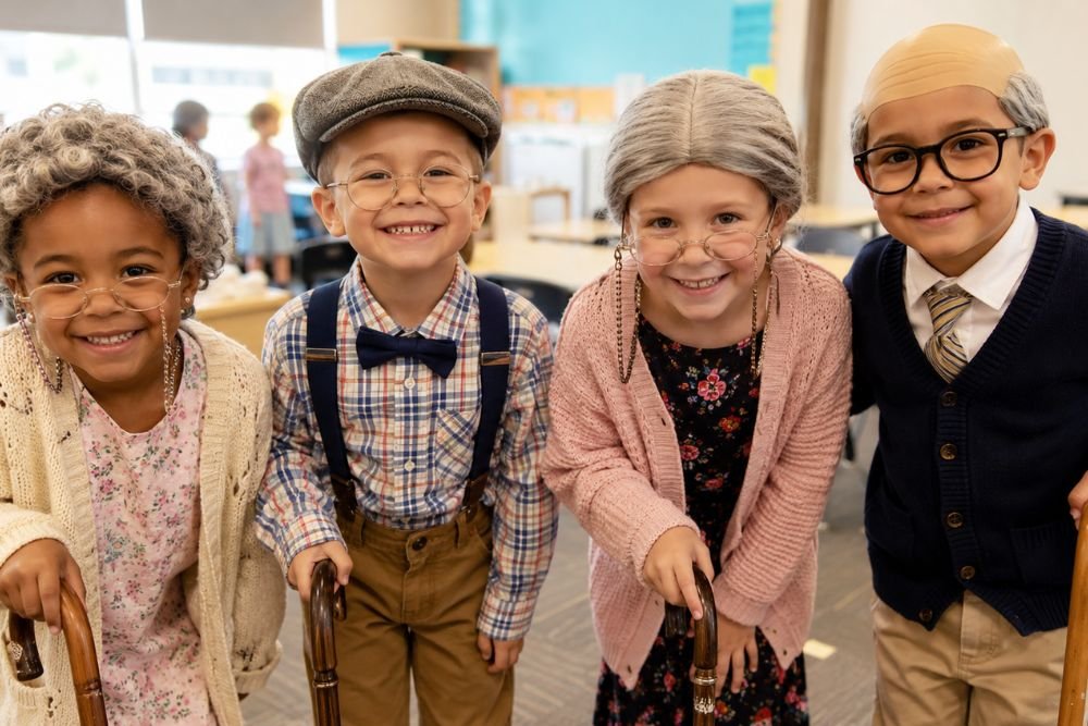 Children dressed as 100-year-old grandparents celebrating the 100 days of school