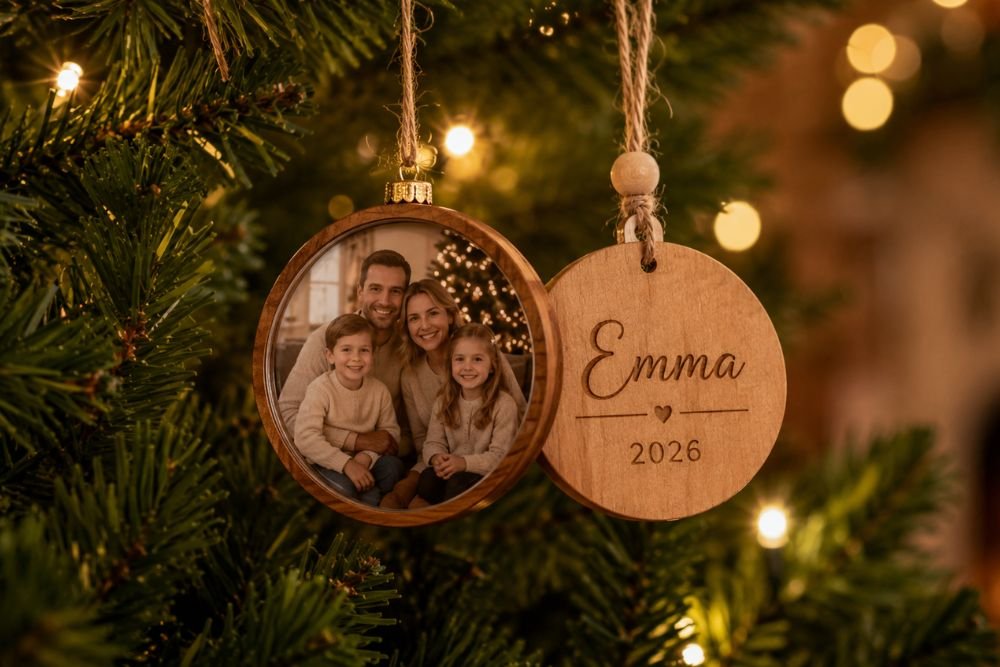 Personalized wooden Christmas ornaments with a family photo and engraved name hanging on a decorated Christmas tree with warm holiday lights.