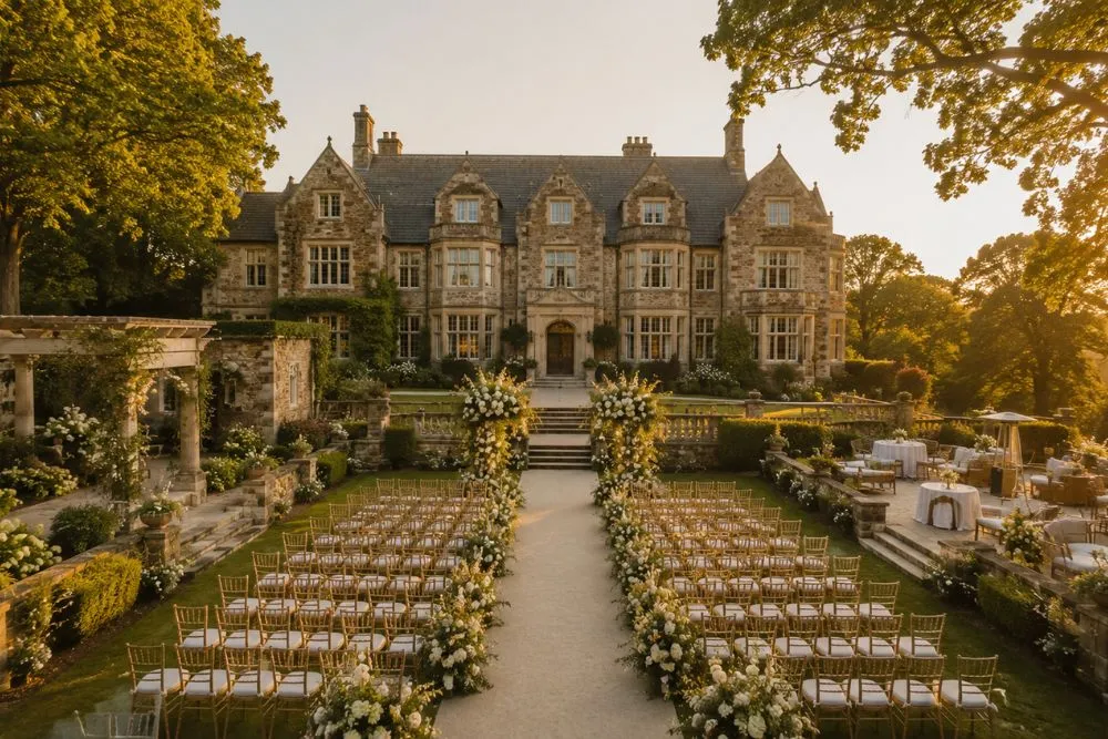 6 Visual Elements Defining Luxury Historic Wedding Properties Luxury historic wedding estate with grand architecture, gardens, and elegant outdoor ceremony setting