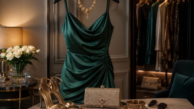 How to Choose the Perfect Party Dress for Any Occasion Party dress accessorized with jewelry clutch handbag and elegant shoes