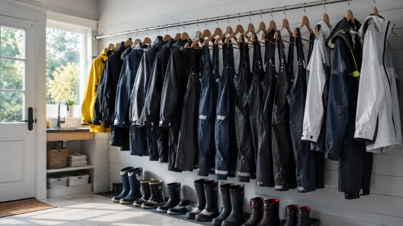 Waterproof sailing gear drying on hangers in a clean ventilated storage area.