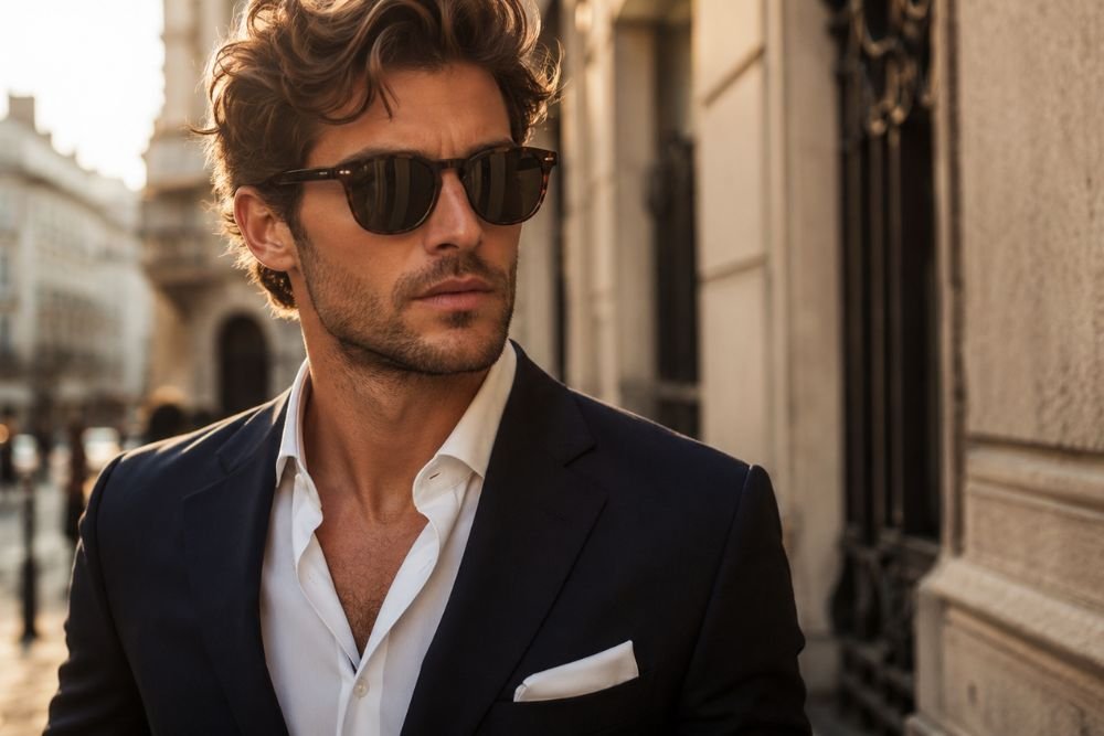 Person wearing premium polarized sunglasses with a tailored blazer in bright natural sunlight.