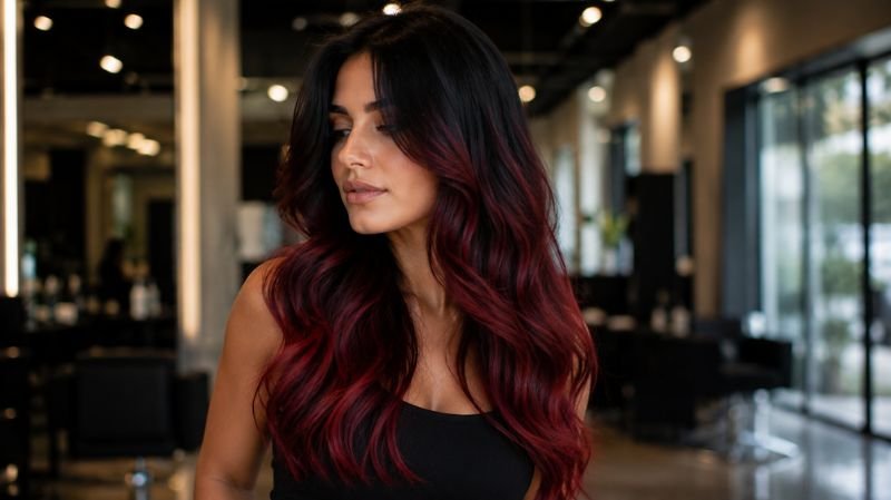 25 Black and Red Hair Streaks Ideas for a Bold New Look Black hair with red balayage gradient