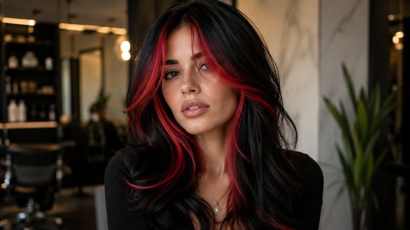 25 Black and Red Hair Streaks Ideas for a Bold New Look Black hair with red money piece highlights around face
